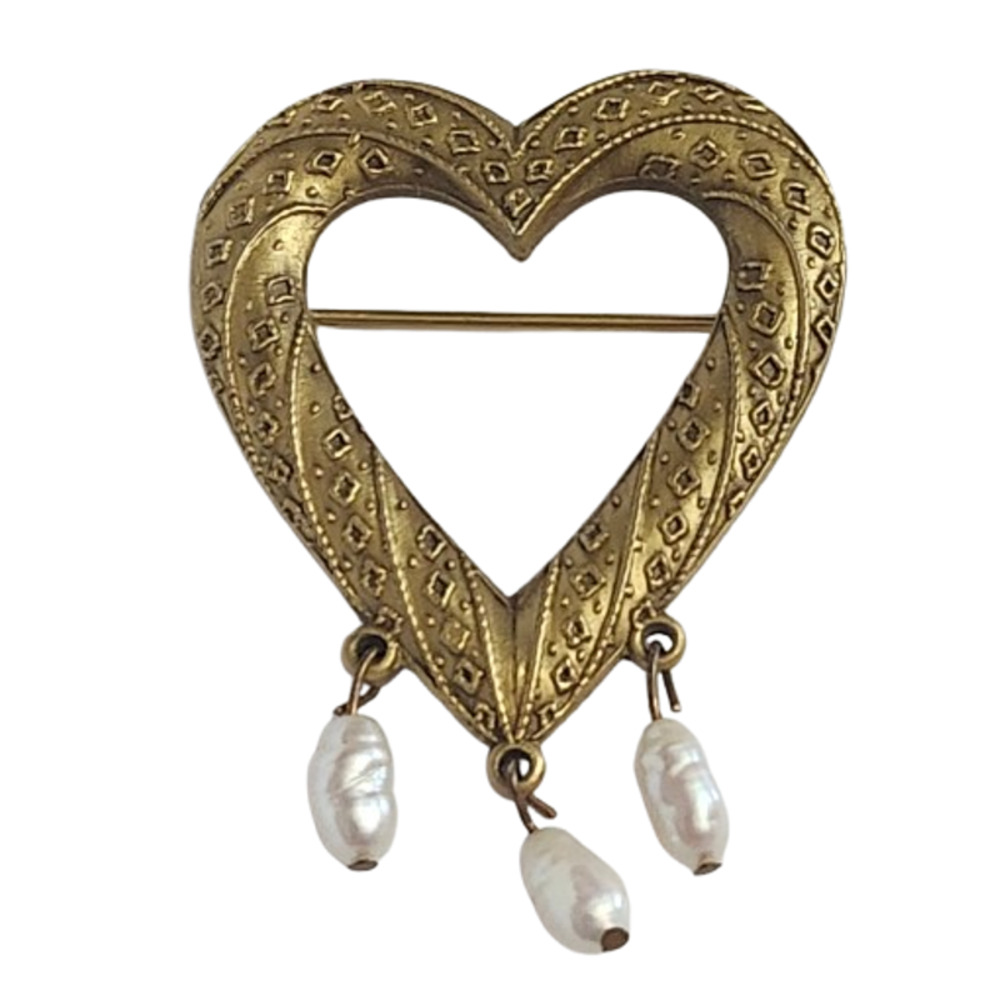 Vtg Signed PP Matte Gold Textured Open Heart Freshwater Dangle Pearls Pin Brooch